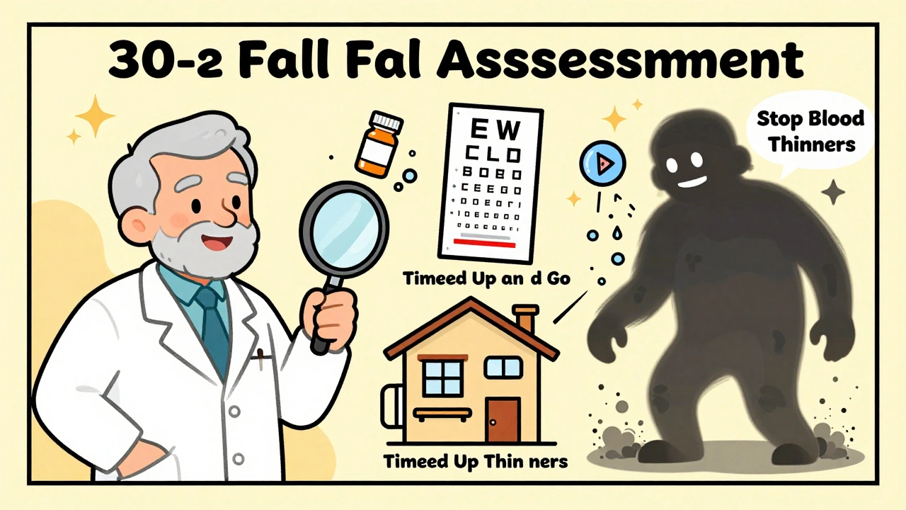 Geriatrician conducting fall risk assessment with floating icons, Myth Monster crumbling, warm comic style.