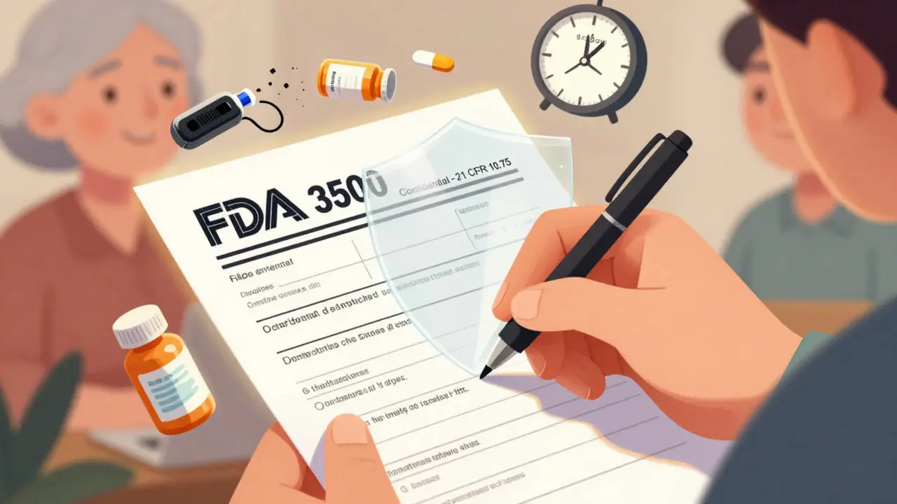 Hand filling out an FDA MedWatch form with floating symbols of failed products and a confidentiality shield, radiating calm and trust.
