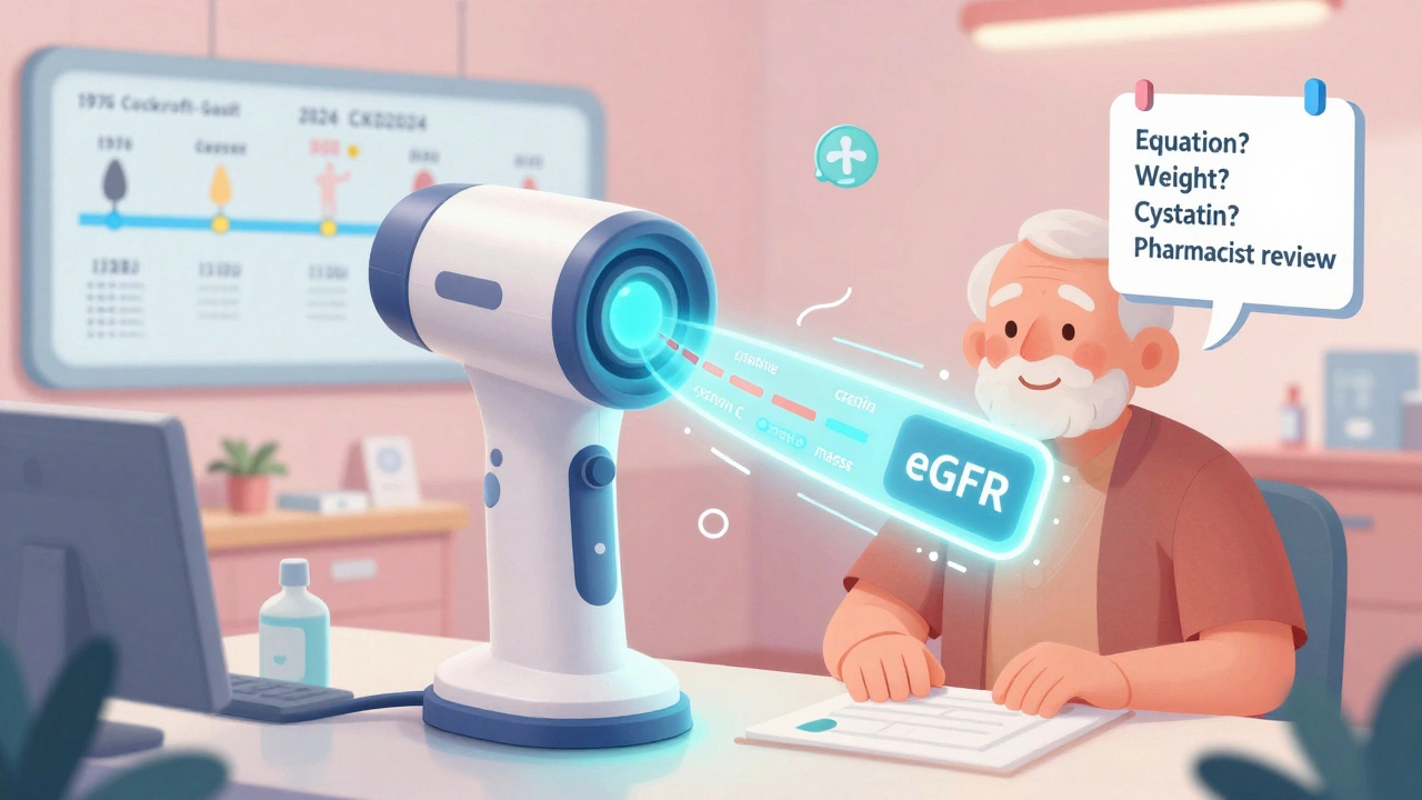 Handheld device scans elderly patient, displaying personalized kidney data with timeline of kidney function equations.