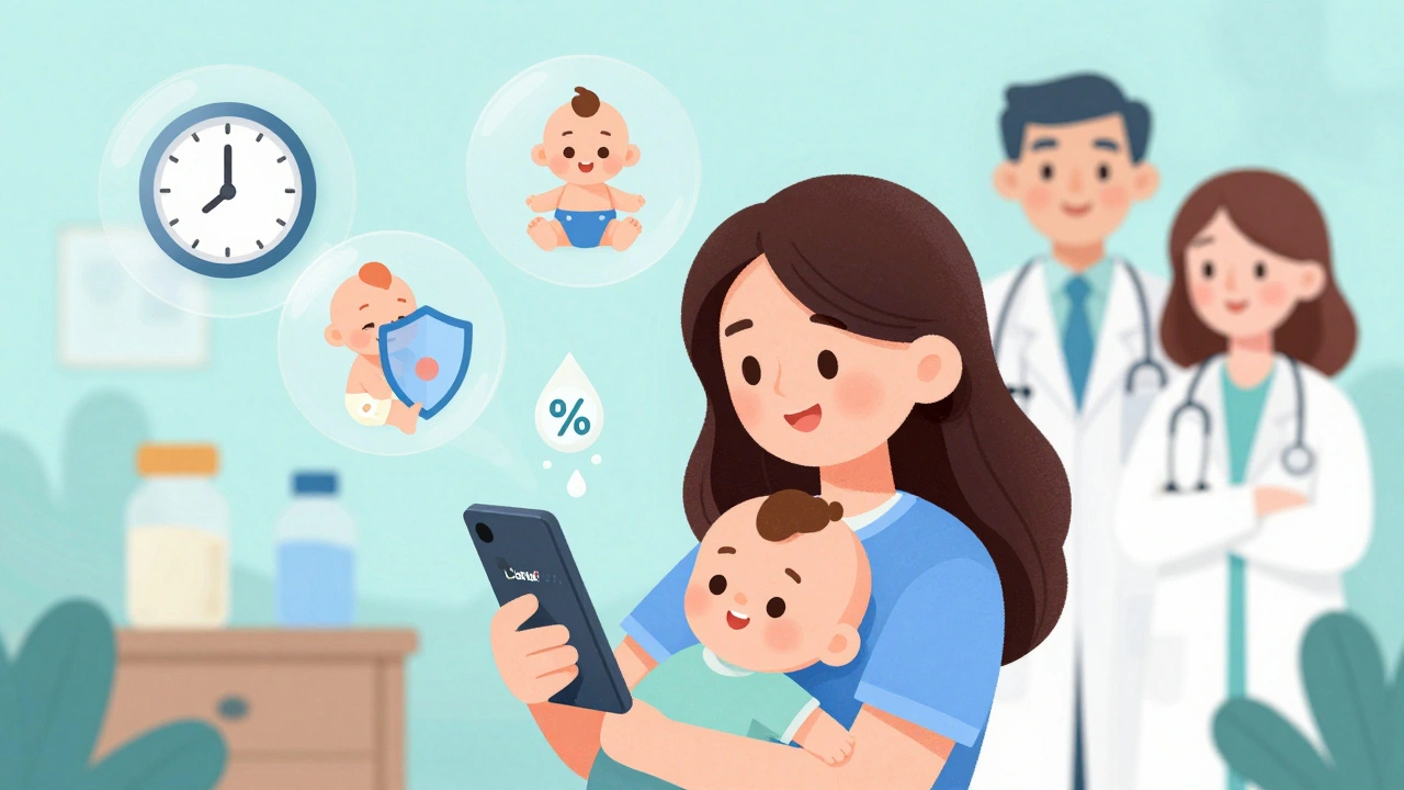 Mother using LactMed app with safety icons for breastfeeding while on medication.