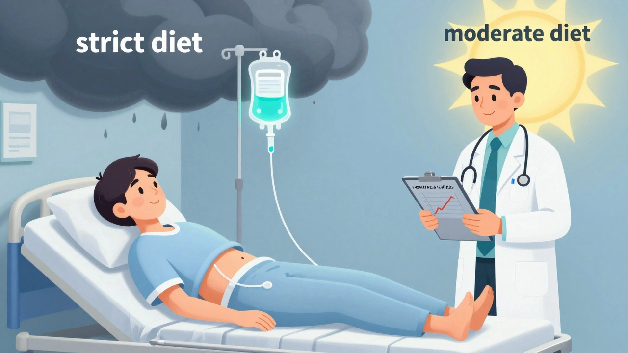 Patient undergoing paracentesis with albumin infusion, surrounded by symbols of ongoing research and treatment balance.