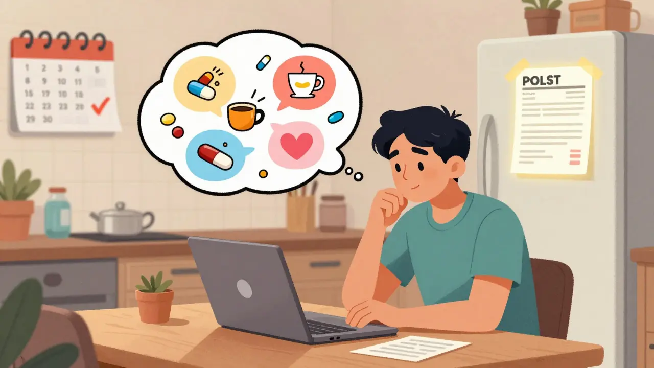 Person completing medical paperwork at kitchen table, with thought bubbles showing conversations about medication preferences.