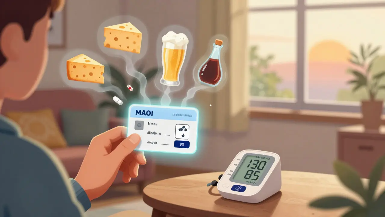 Person holding MAOI safety card with emergency medication nearby, risky foods fading away.