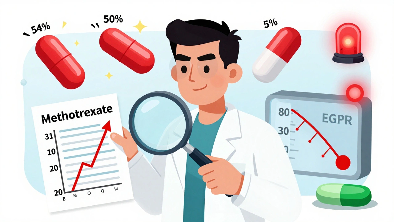 Pharmacist examining blood test with NSAID pills causing dangerous methotrexate spikes.