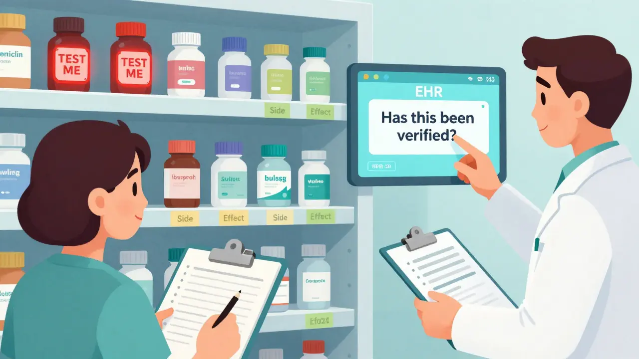 Pharmacy shelf with antibiotics labeled 'Test Me' and digital alert prompting verification of drug allergies.