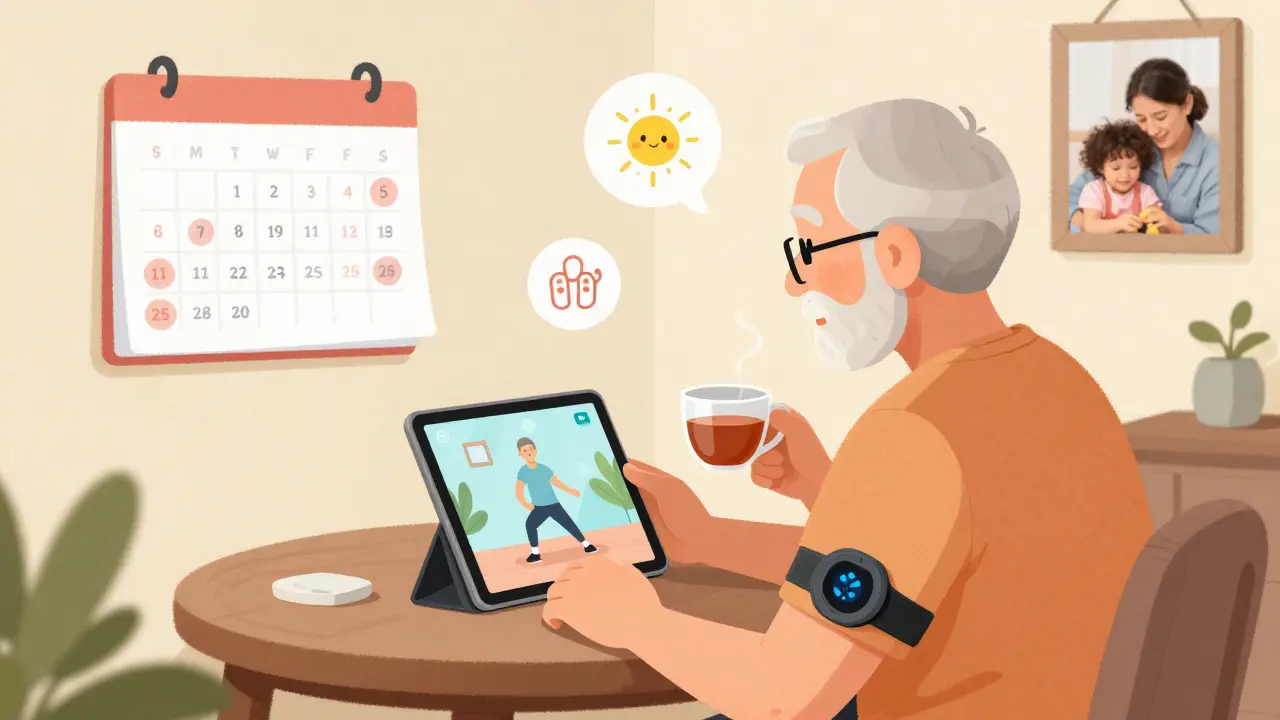 Senior doing telehealth rehab at home with heart monitor and exercise video on tablet.