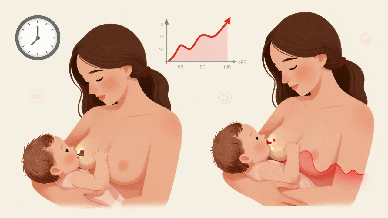 Split illustration showing drug levels in breast milk dropping after timed medication dose.