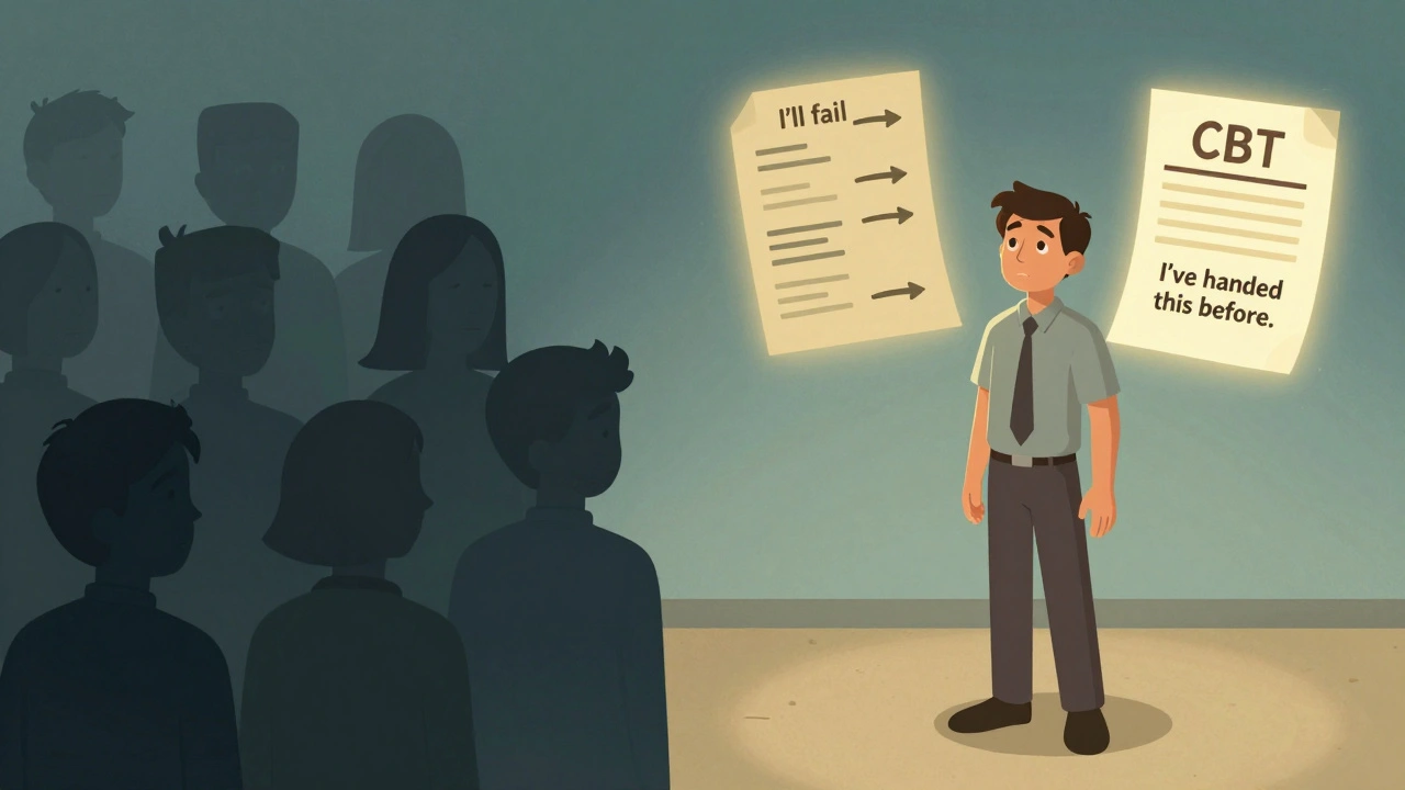 Split illustration showing someone overcoming social anxiety with CBT tools transforming negative thoughts.