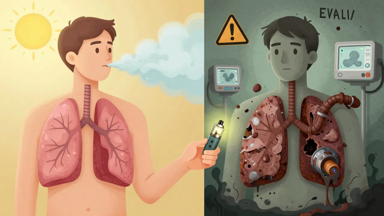 Split image: healthy lung vs. damaged lung from vaping, with a hand pulling away from a vape device.