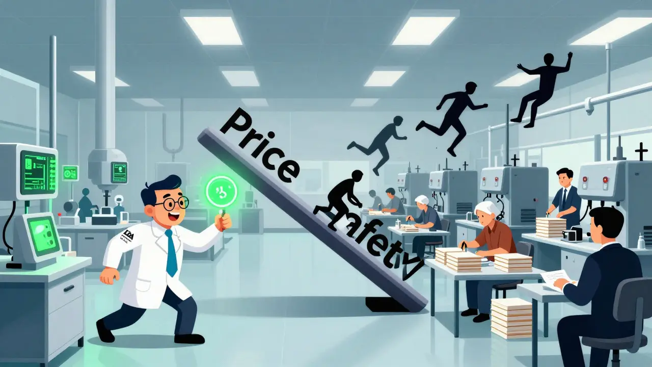 Split scene: clean U.S. factory with automated checks vs. staged overseas facility hiding defects as inspectors arrive.