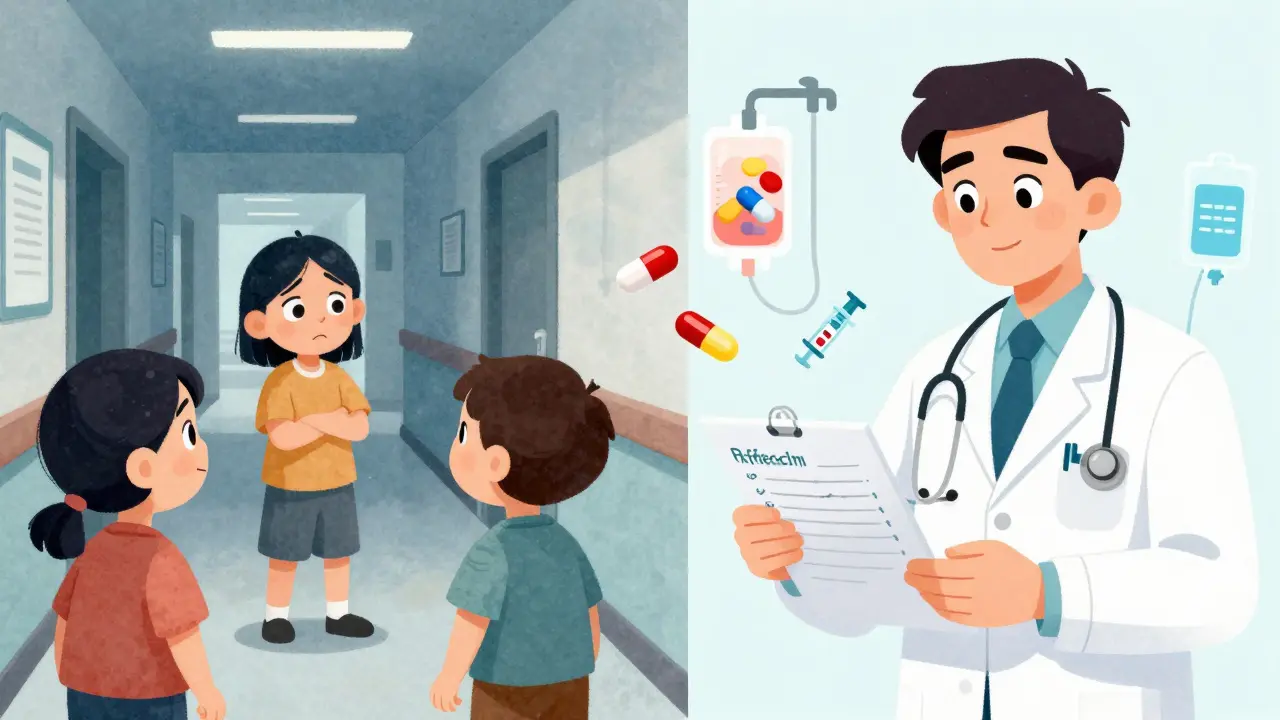 Split scene: family arguing in hallway vs. agent confidently guiding medical decisions with clear medication visuals.