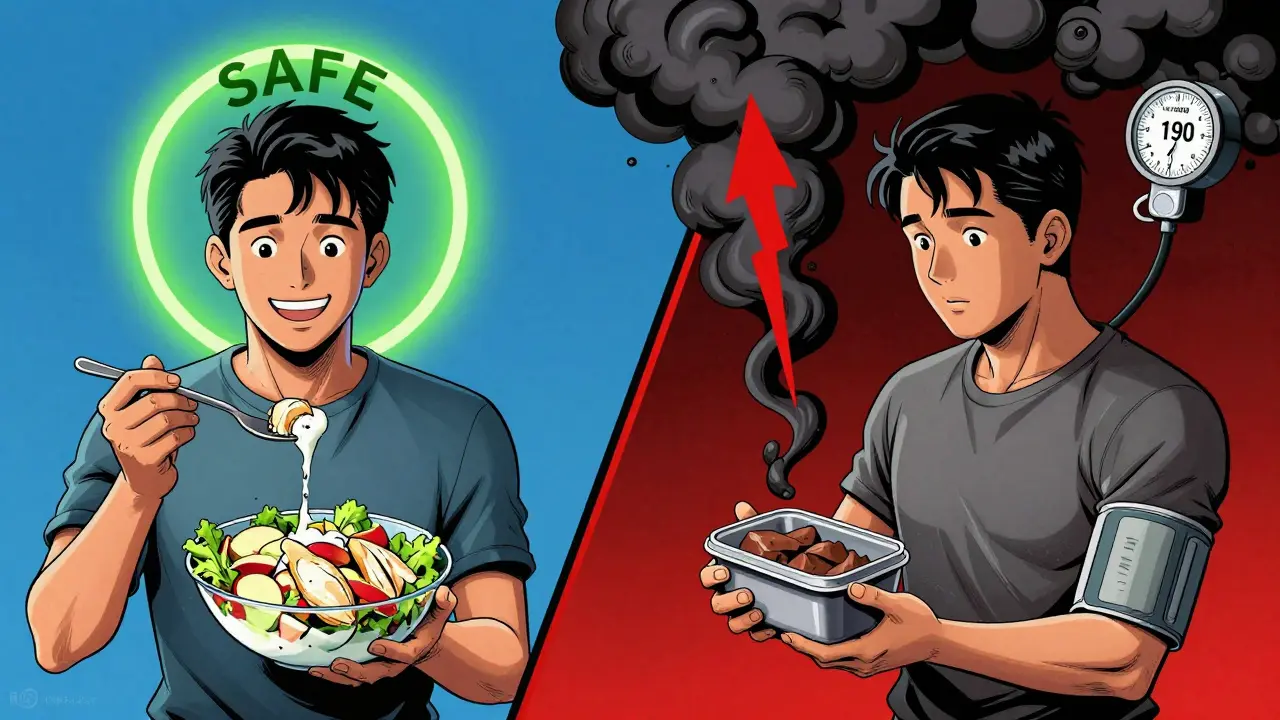 Split scene: person eating safe meal vs. risky leftover food causing blood pressure spike.