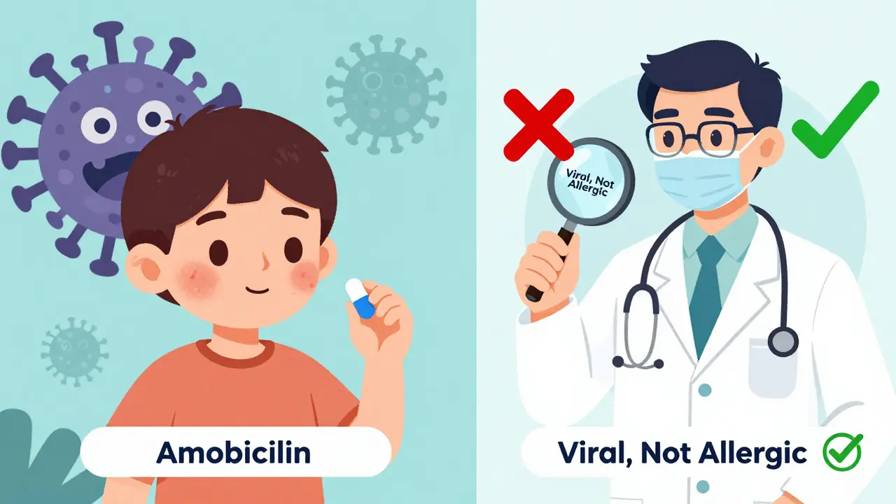 Split scene showing a child with viral rash and amoxicillin pill, with doctor revealing it's not an allergy.