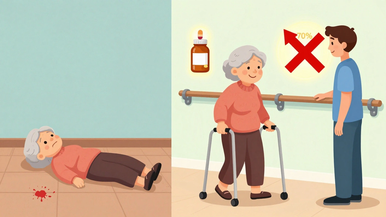 Split scene: woman after fall vs. safe walk with prevention tools, DOAC benefits shown with reduction arrow.