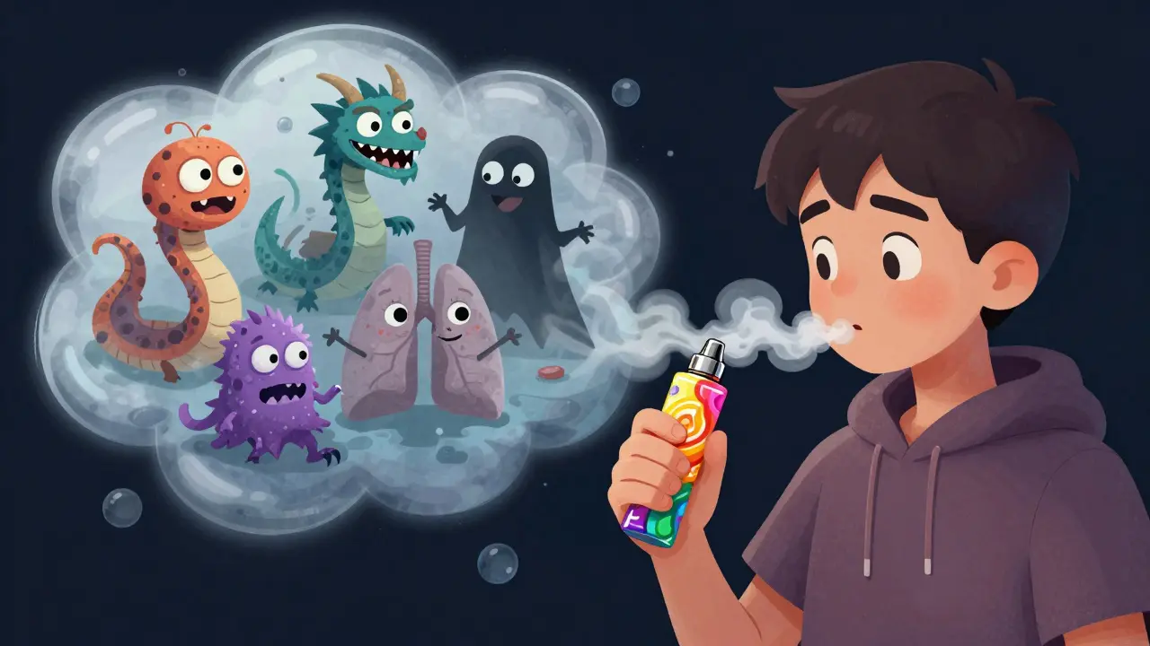 Teen vaping a candy-shaped device while toxic monsters emerge from the vapor cloud.