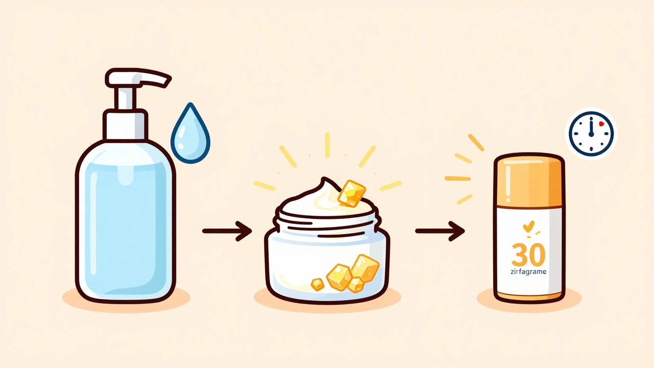 Three simple skincare products forming a gentle routine with glowing ingredients and no fragrance symbols.