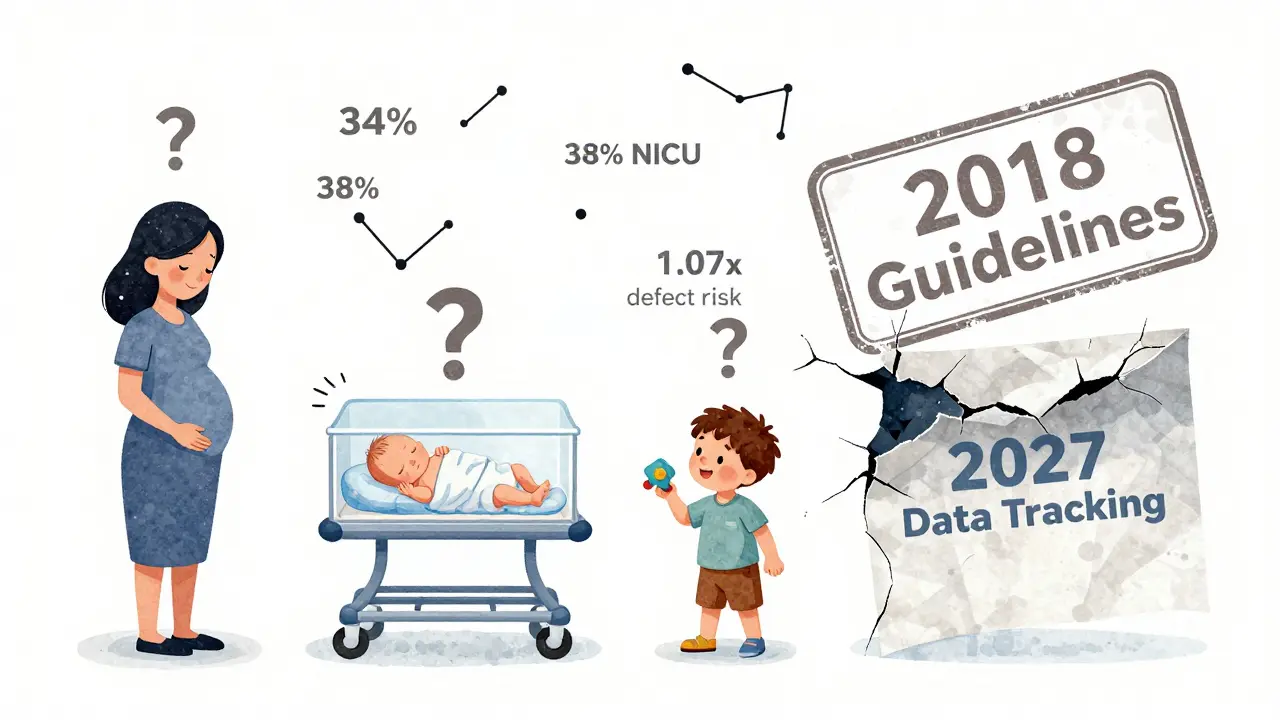 Timeline showing pregnant woman, NICU baby, and toddler with floating risk data and evolving medical guidelines above.