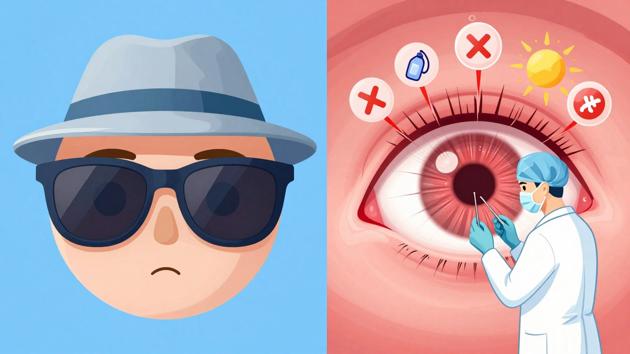Two contrasting eyes: one protected by sunglasses, the other damaged by pterygium, with surgical tools floating nearby.