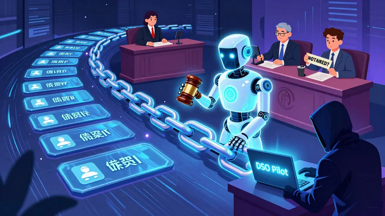 A blockchain chain of debtor cases monitored by an AI judge, while a hacker attempts to steal data in a cyberpunk legal scene.