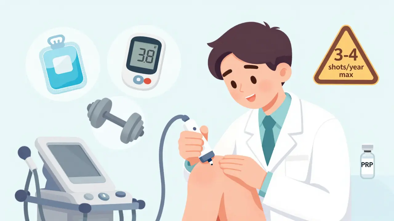 A doctor using ultrasound to guide a joint injection, with health icons floating nearby showing alternatives and limits.