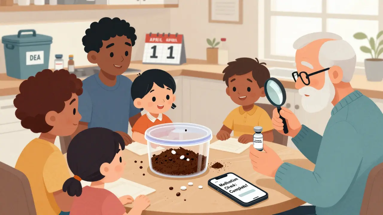 A family properly disposing of expired meds by mixing them with dirt and coffee grounds, with a DEA take-back bin nearby.