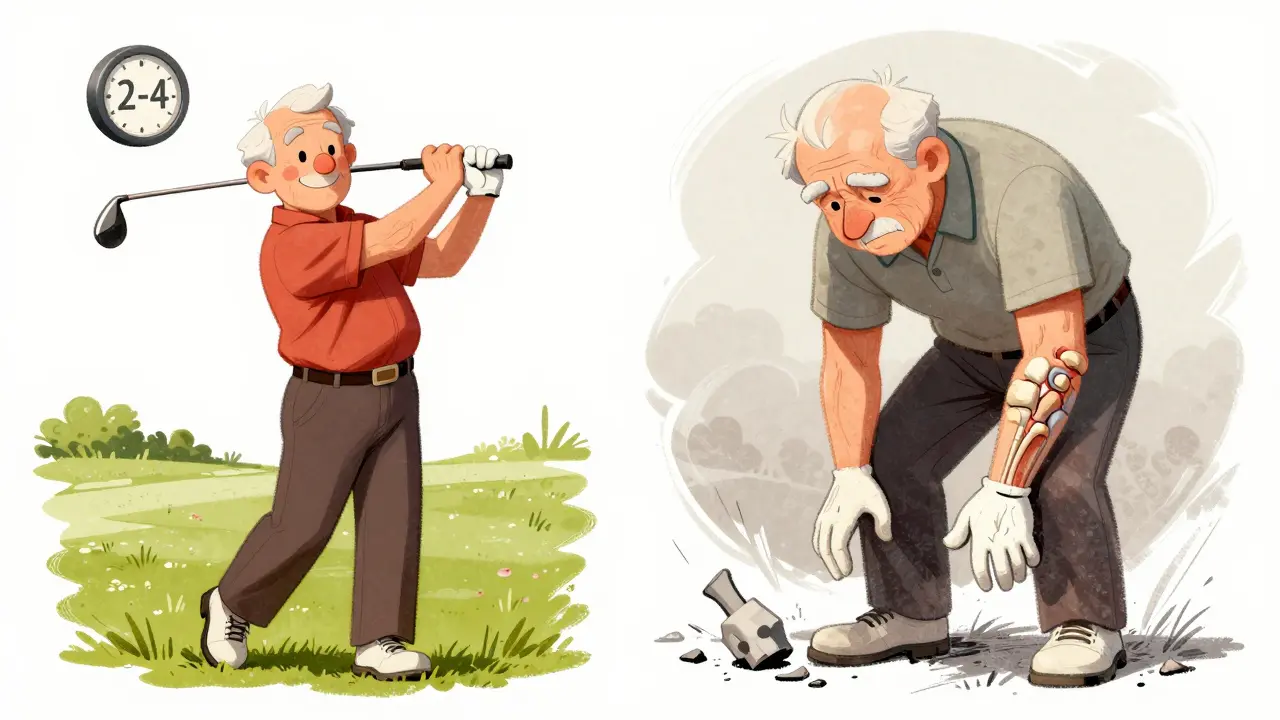 A golfer enjoying pain-free movement after a cortisone shot, contrasted with joint degeneration over time.