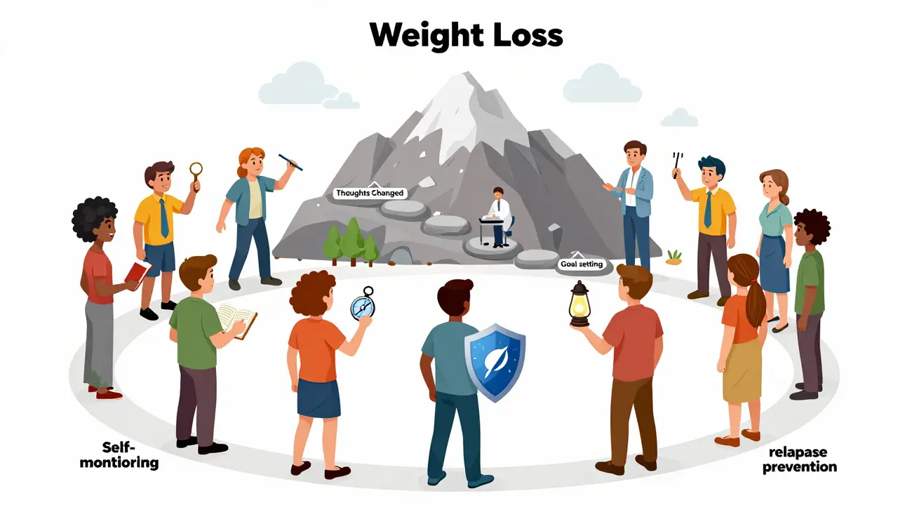 A group holding CBT tools like journal and compass, climbing a mountain made of changed thoughts.