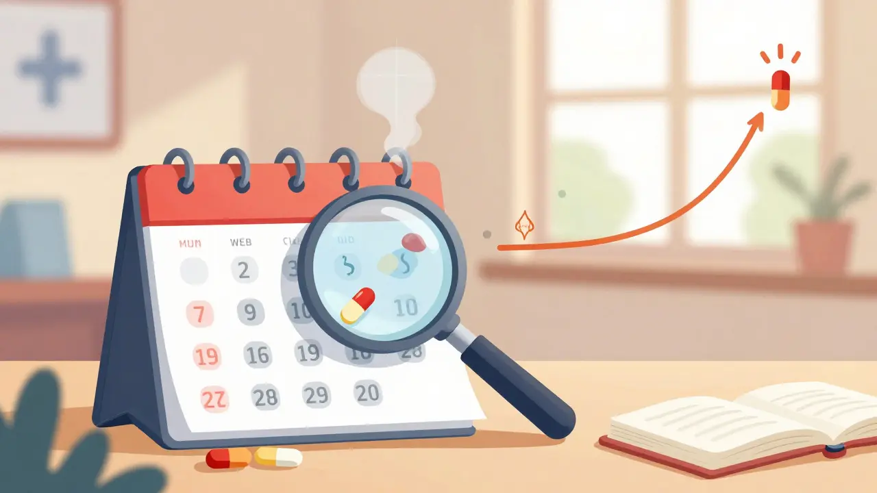 A magnifying glass over a calendar showing symptoms appearing after new medications, contrasted with slow-progressing disease symptoms.