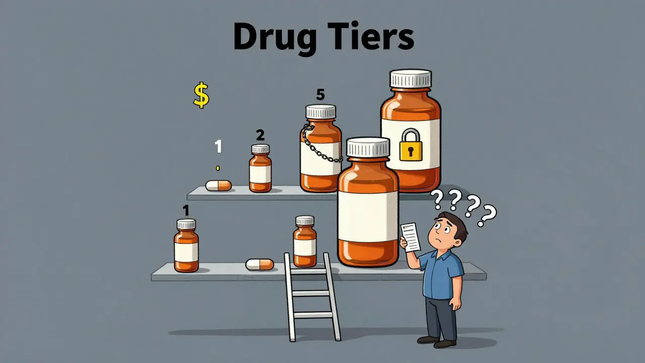 A multi-level drug tier ladder shows pill bottles at different prices, with a confused patient standing below, overwhelmed by the system.