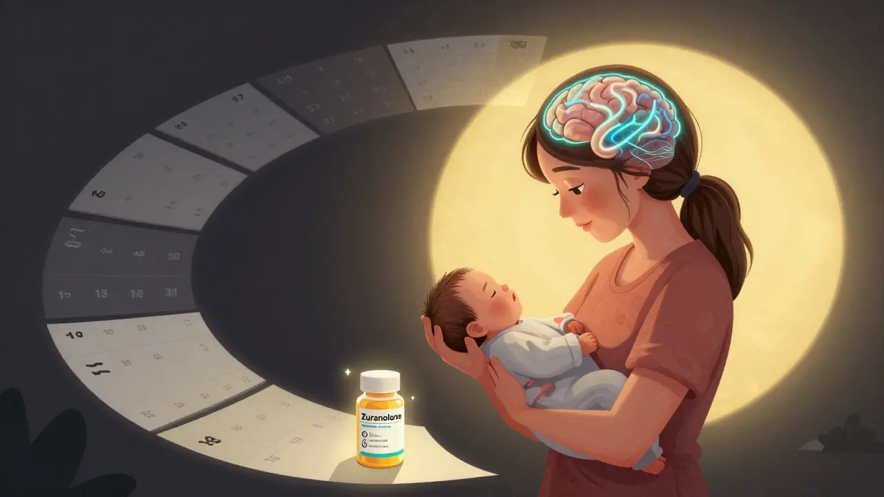 A new mother with her baby as a 14-day pill calendar transforms from dark to light, symbolizing rapid emotional recovery.