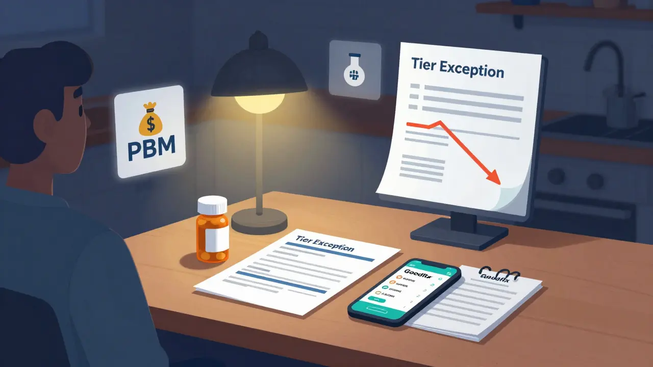 A patient at home compares pill costs using a formulary and phone app, surrounded by icons of rebates, exceptions, and declining health trends.
