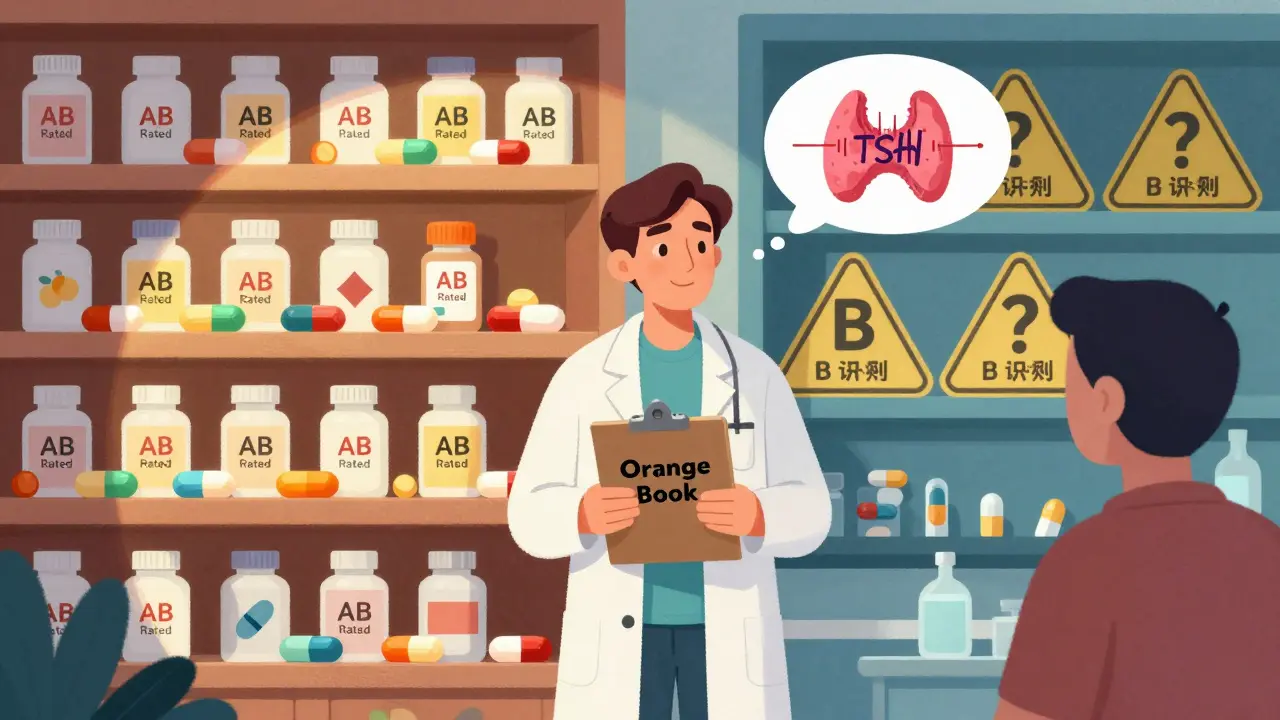 A pharmacist holding the Orange Book between shelves of AB-rated and B-rated generic pills, with a patient thinking about thyroid levels.