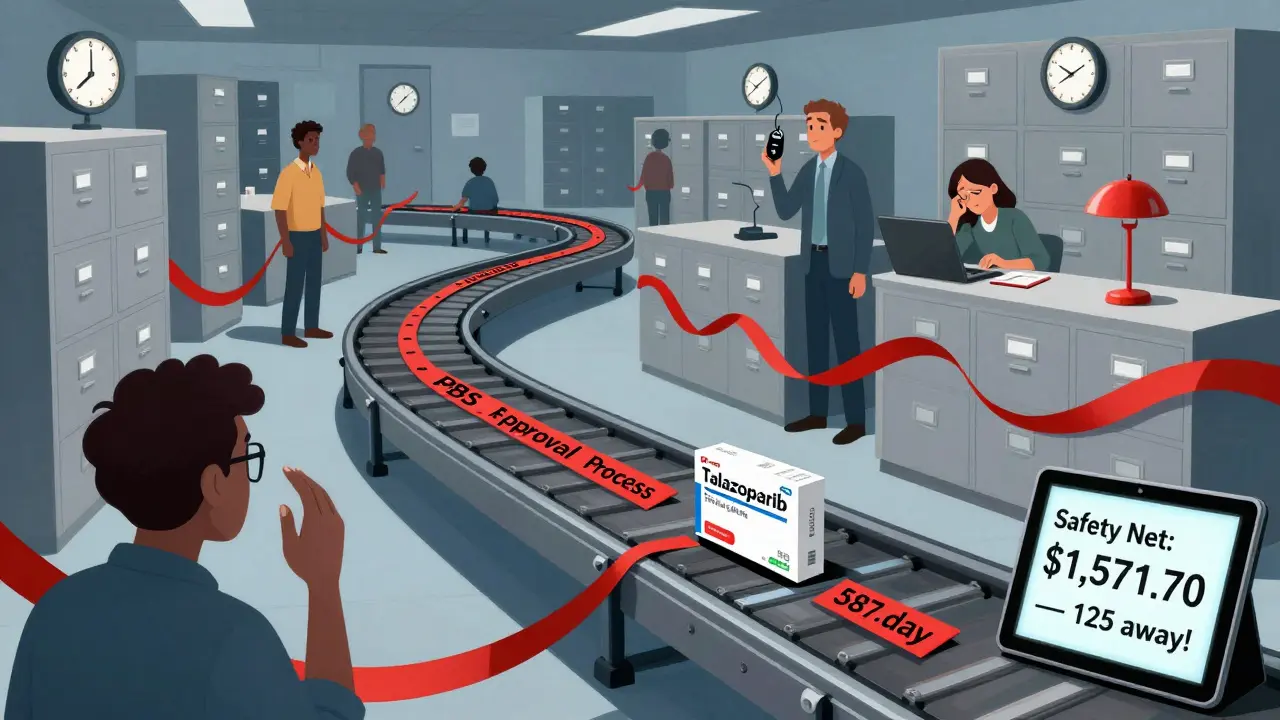 A slow conveyor belt in a bureaucratic maze with a new drug stuck at 587 days, while a patient holds a car key, symbolizing high costs.