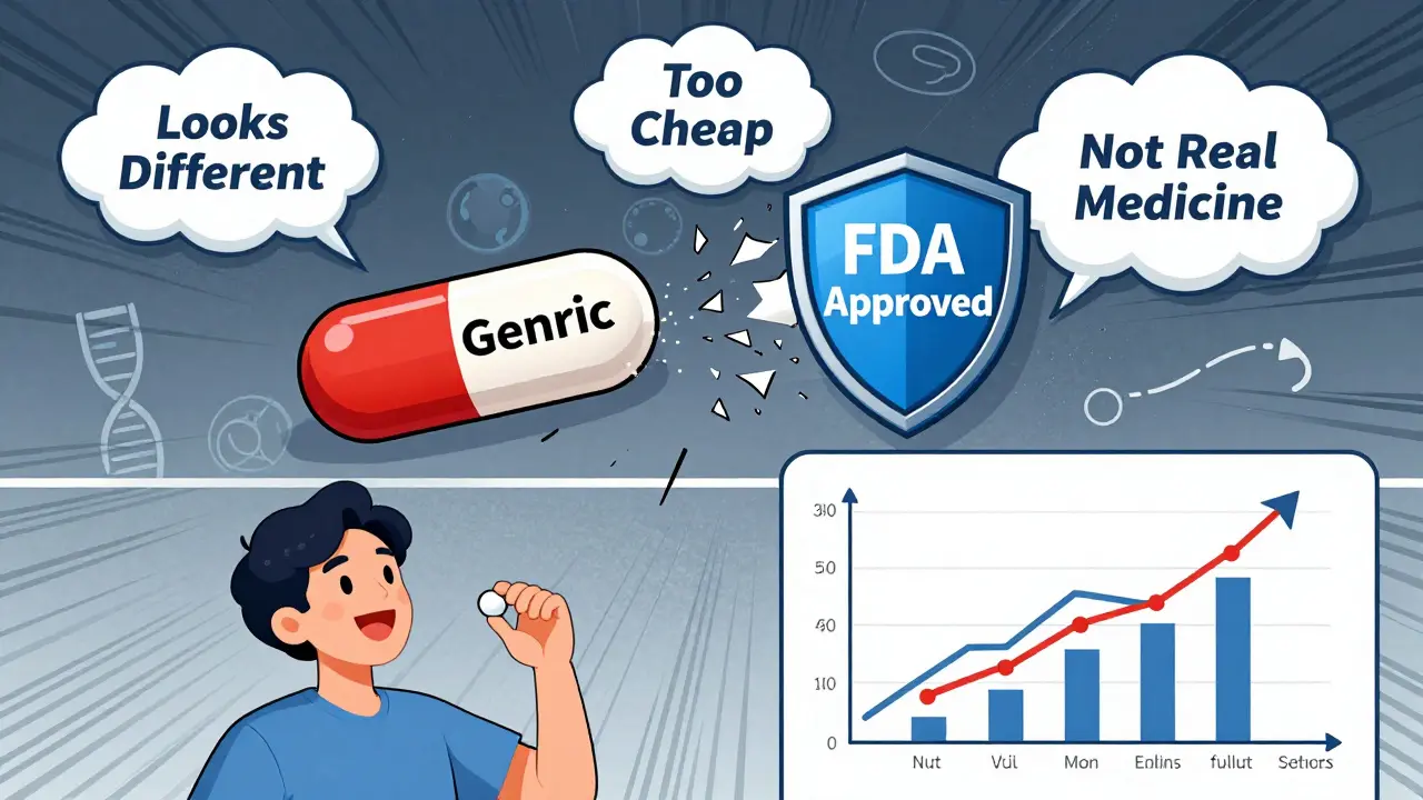 A superhero generic pill defeating misinformation clouds, while a patient takes medicine with rising adherence graph below.