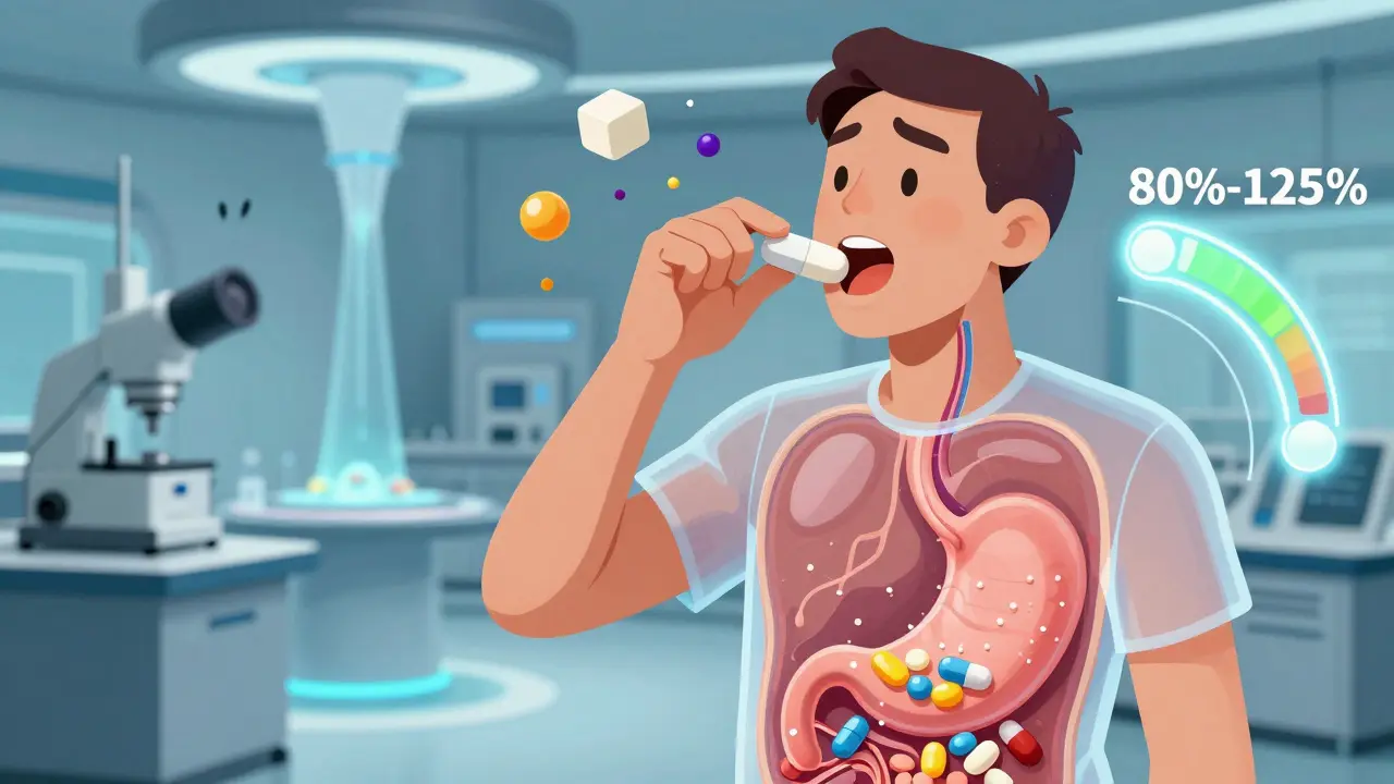 A transparent patient swallowing a pill, with drug absorption levels shown as a glowing range and excipient sprites causing a minor reaction.