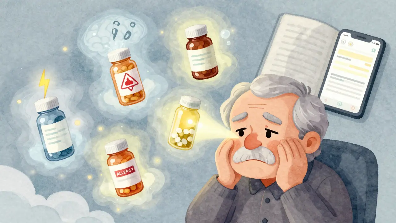 An elderly person surrounded by pill bottles emitting symptom auras, with a journal and app showing tracked patterns nearby.