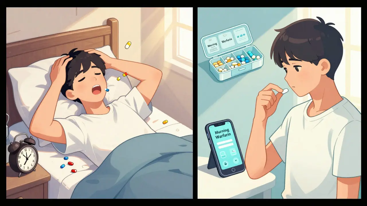 Chaotic missed dose vs calm routine with pill organizer and alarm, side-by-side illustration.