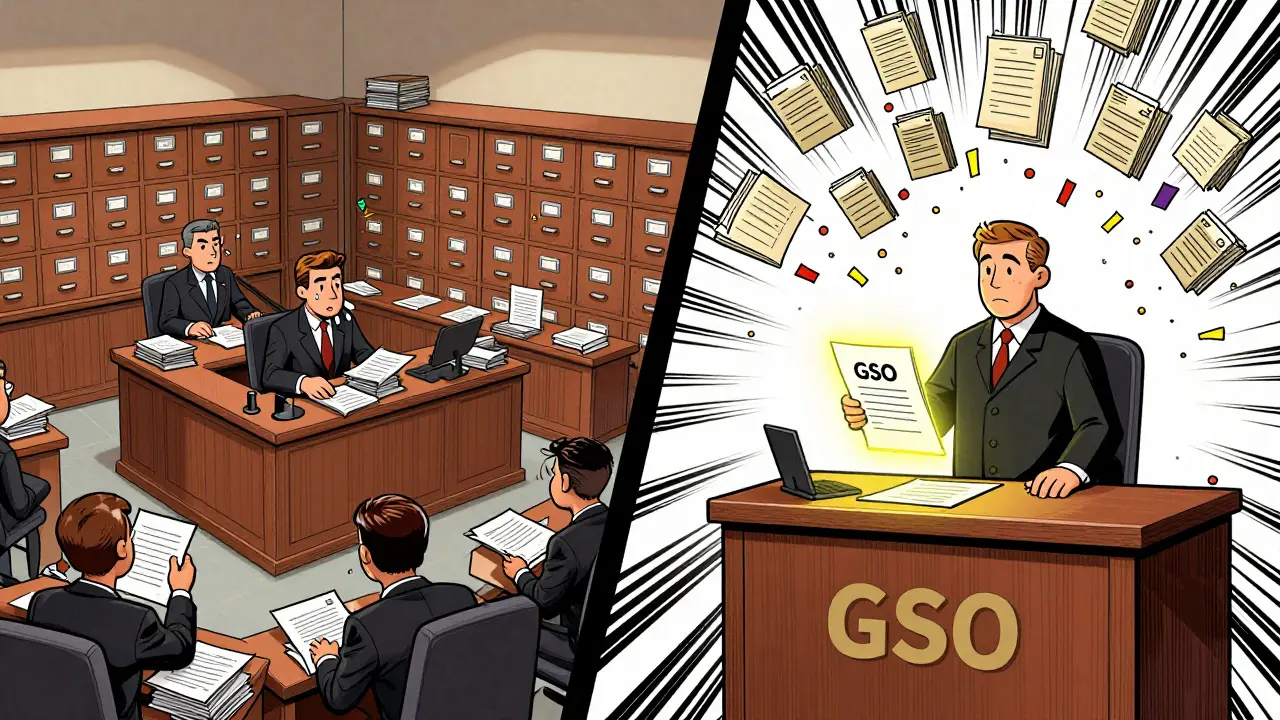 Contrasting chaotic German court with 100 filings vs. streamlined UK court with one stamp, showing efficiency in debt substitution.