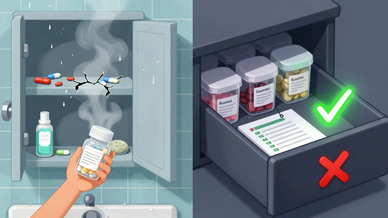 Contrasting image: a dangerous humid bathroom medicine cabinet vs. a safe, organized cool-dry drawer with expiration labels.