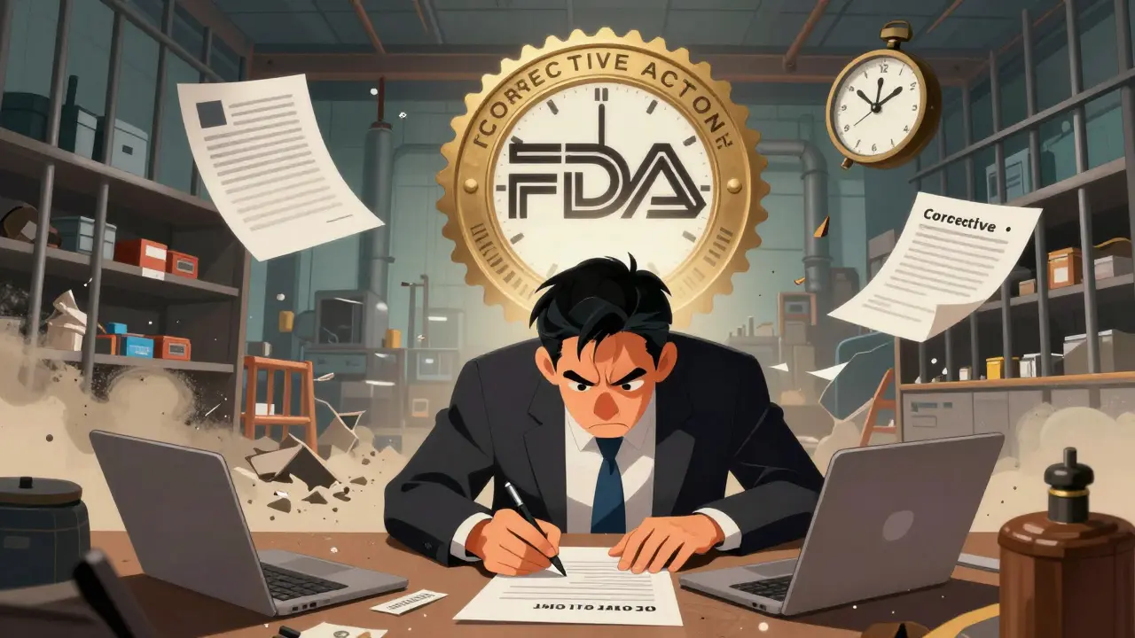Corporate executive signing a corrective plan as FDA seal looms, with crumbling factory and jail bars in background.