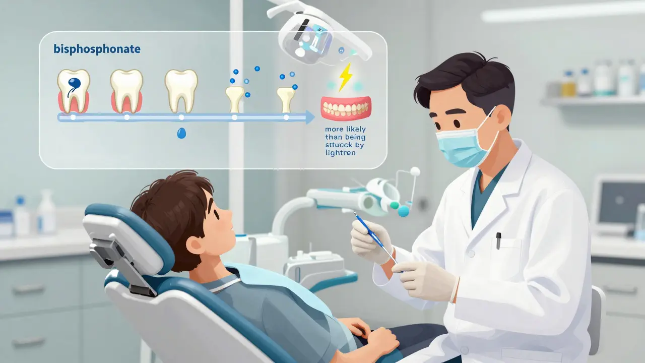 Dentist cleaning teeth while floating timeline shows bisphosphonates lingering in jawbone for years.