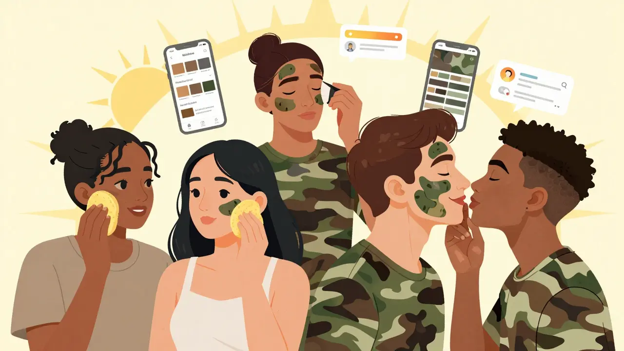 Diverse group applying camouflage techniques, sunburst composition with app screens and shade swatches, joyful mood.