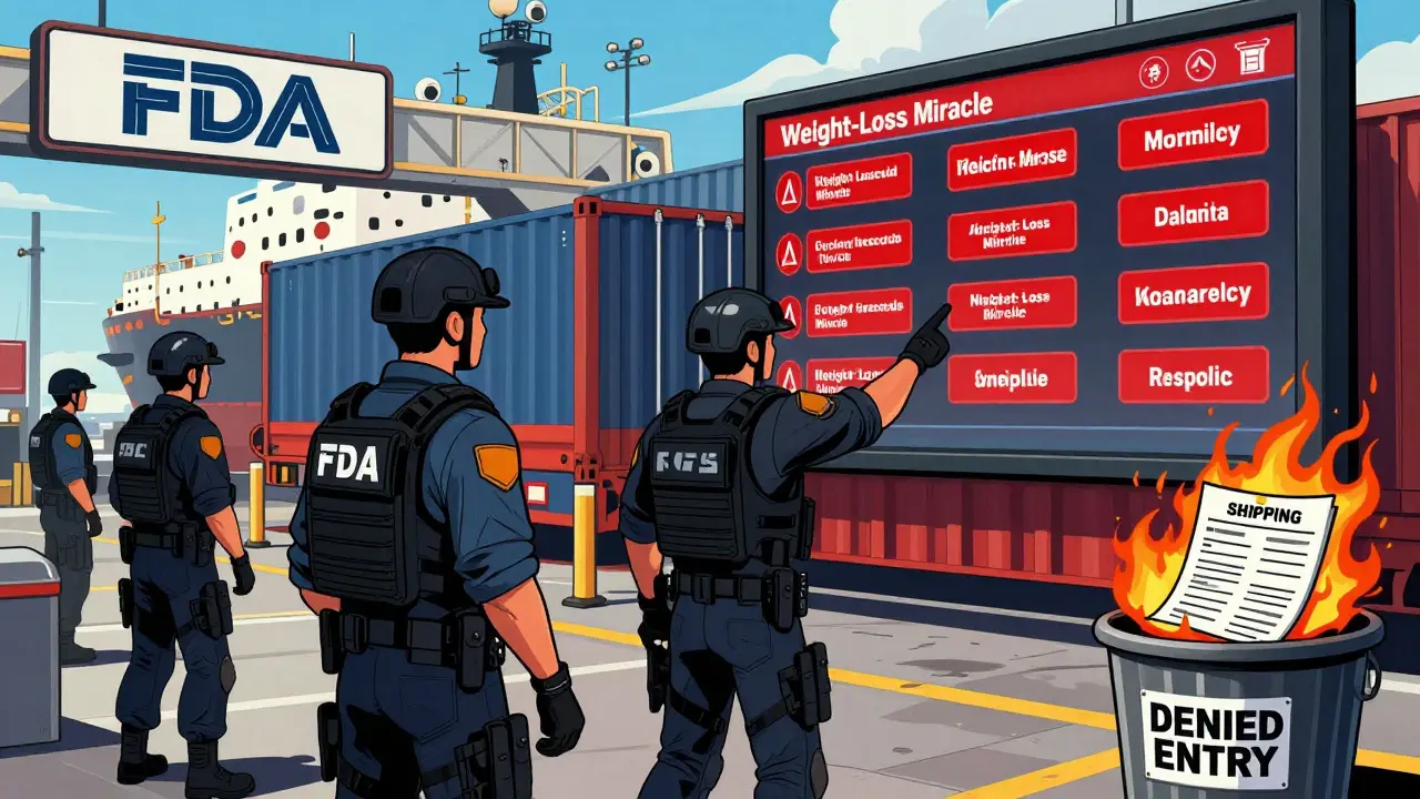 FDA agents stopping a shipping container at a U.S. port with red-alert supplements labeled as weight-loss products.