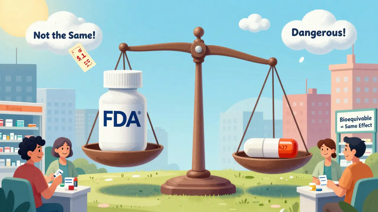 FDA scale balancing brand and generic drugs, city of happy patients, price tags dropping from brand to generic.