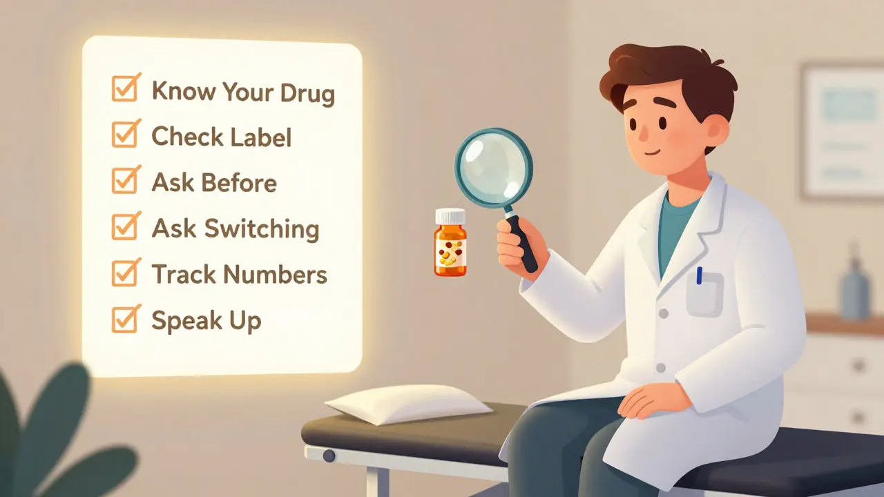 Patient examining pill bottle with checklist of safety steps glowing nearby