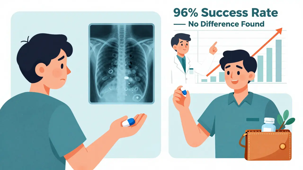 Patient holding two pills with X-ray view showing same active ingredients, split panel showing cost vs. health outcomes.