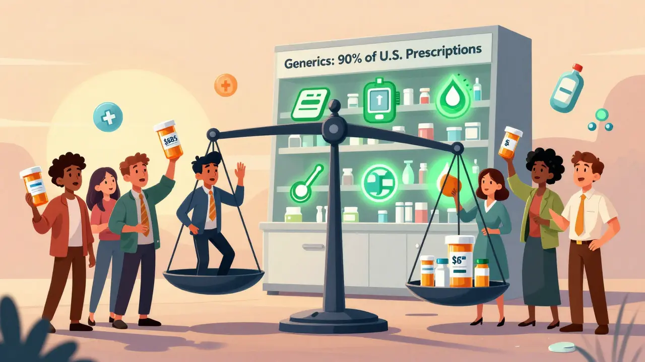 People holding cheap and expensive pills on a balanced scale, with a shelf showing generics dominate U.S. prescriptions.