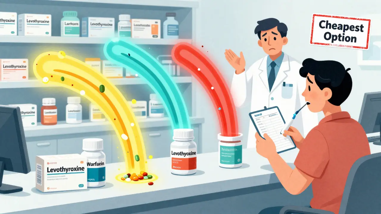 Pharmacy counter with varied generic pill packages, absorption waves of different strengths, patient holding medical charts.