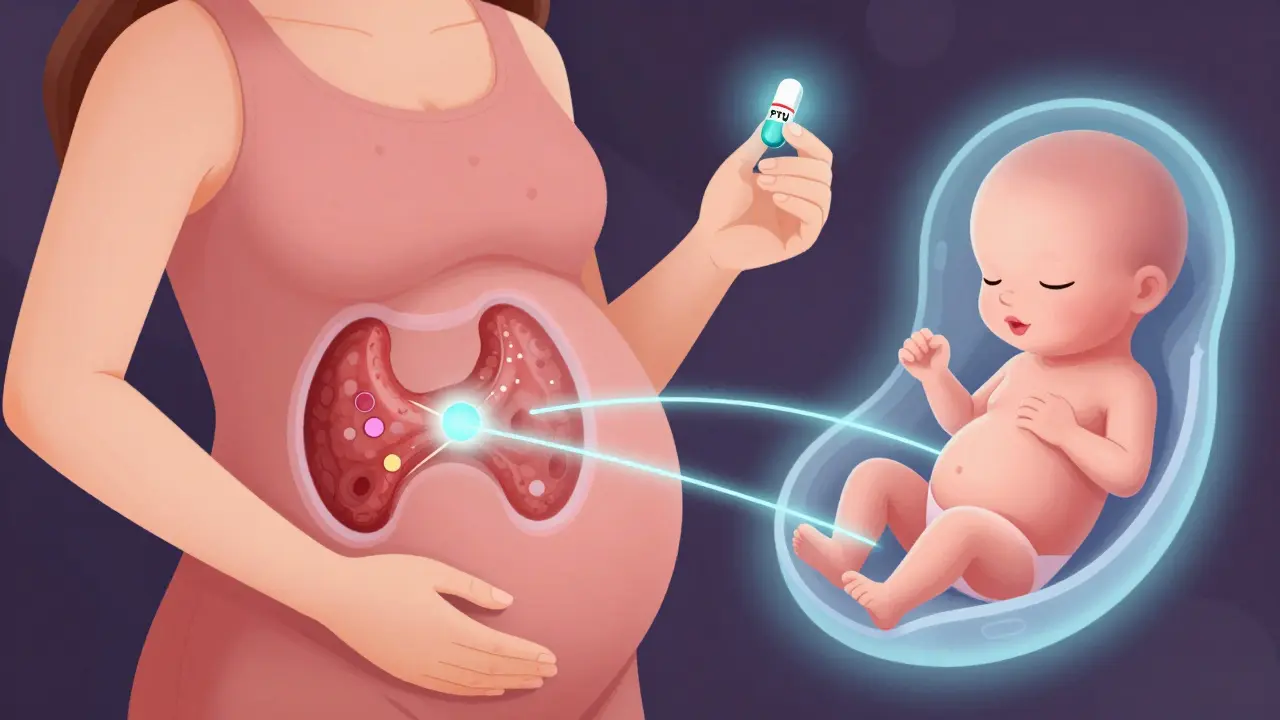 Pregnant woman with protective PTU pill shielding fetal thyroid, shown in translucent medical concept art.