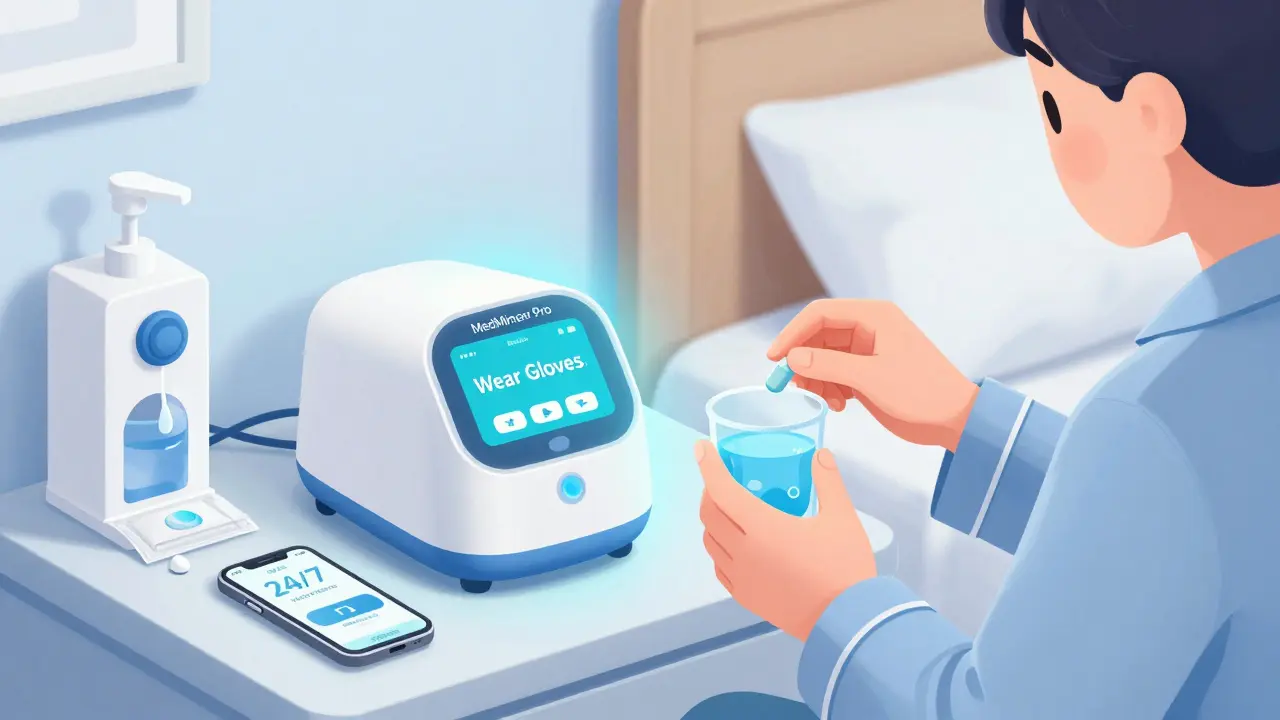 Smart chemo pill dispenser glowing on a nightstand with handwashing station nearby.